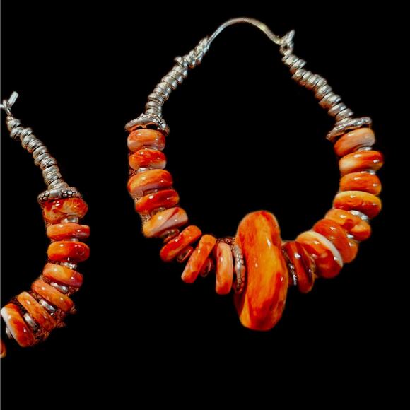 Orange Spiny Oyster Artisan Sterling Hoop Earrings Vintage - Picture 3 of 8